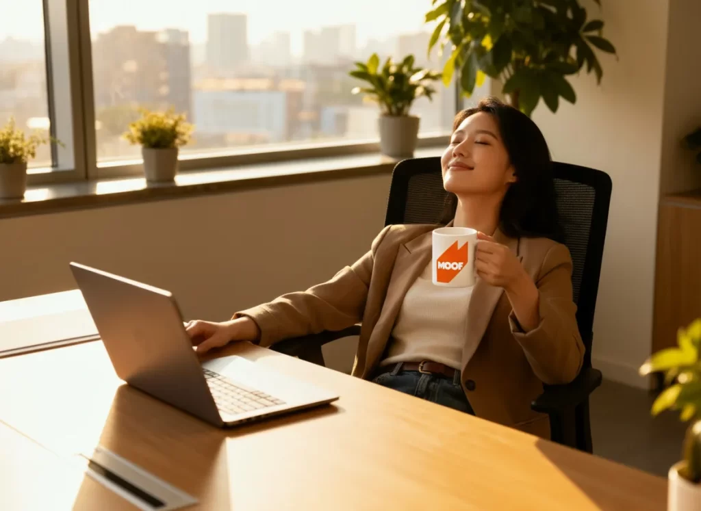 Marketeer drinkt koffie terwijl AI-prompt automatisch marktonderzoek oplevert op laptop