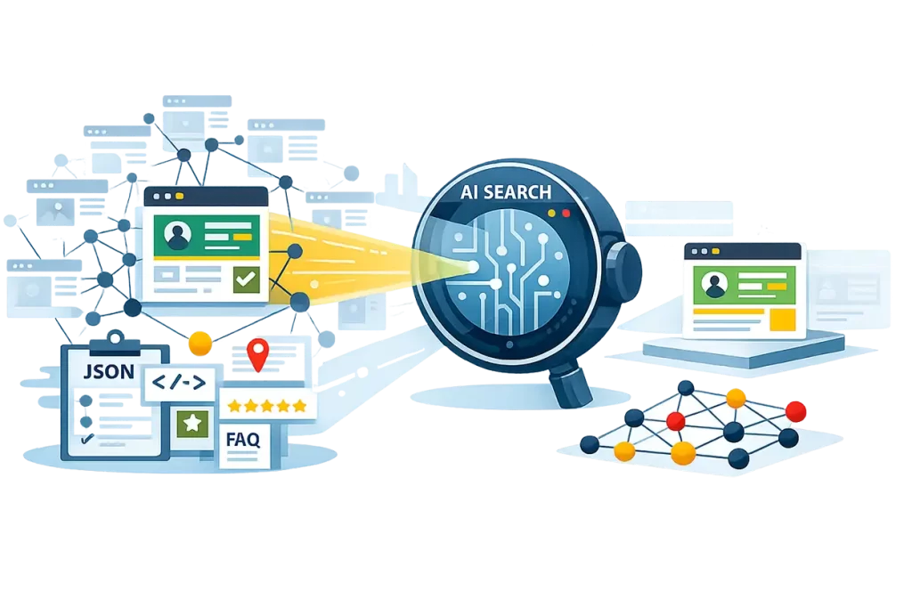 Diagram van contentclusters en schema die AI-zoekmachines voedt