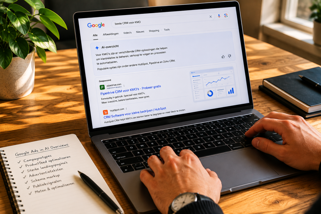 Schematische weergave van Google Ads in AI Overviews met campagnetypes voor Vlaamse KMO's