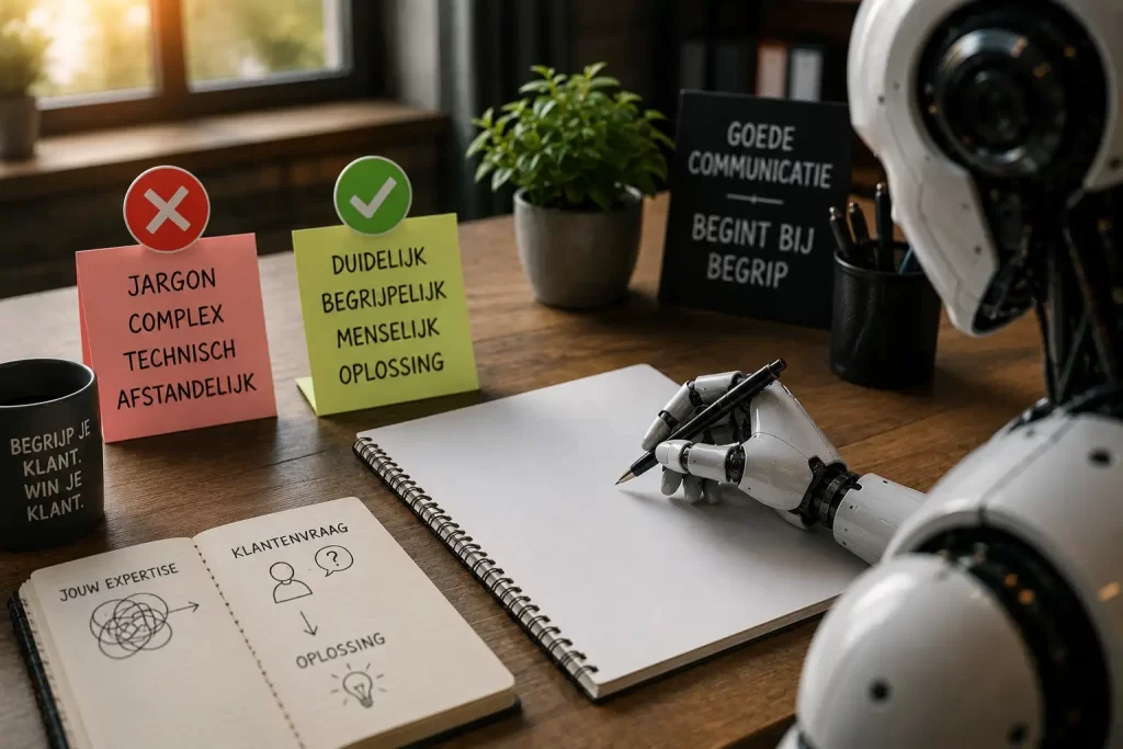 Menselijke communicatie voor KMO's die jargon en afstandelijke AI-teksten willen vermijden.