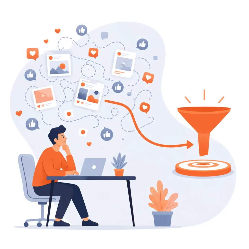 Man analyseert social media marketingfunnel op laptop